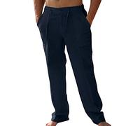 PASLTER Mens Casual Loose Fit Straight-Legs Cotton Linen Long Pants Elastic Waist Loose Fit Beach Pants Navy Blue