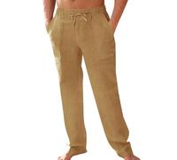 PASLTER Men's Cotton Linen Pants Elastic Waist Drawstring Casual Pants Lightweight Straight-Legs Loose Beach Yoga Pants, Khaki, Large