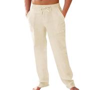PASLTER Men's Cotton Linen Pants Elastic Waist Drawstring Casual Pants Lightweight Straight-Legs Loose Beach Yoga Pants, Beige, XXL