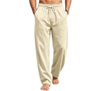 PASLTER Men's Cotton Linen Pants Elastic Waist Drawstring Casual Pants Lightweight Straight-Legs Loose Beach Yoga Pants, Beige, Medium