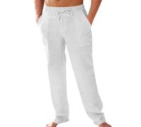 PASLTER Men's Cotton Linen Pants Elastic Waist Drawstring Casual Trouser Lightweight Straight-Legs Loose Beach Yoga Pants, White, Medium