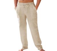 PASLTER Men's Cotton Linen Pants Elastic Waist Drawstring Casual Trouser Lightweight Straight-Legs Loose Beach Yoga Pants, Apricot, X-Large