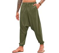 PASLTER Mens Harem Pants Baggy Casual Cotton Linen Boho Yoga Drop Crotch Hippie Trousers, Army Green, Large