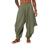 PASLTER Mens Harem Pants Linen Yoga Beach Baggy Summer Boho Aladdin Genie Pants, Army Green, Medium