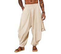 PASLTER Mens Harem Pants Linen Yoga Beach Baggy Summer Boho Aladdin Genie Pants, Beige, Medium