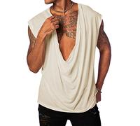 PASLTER Mens Tank Tops Sleeveless T Shirts Deep V Neck Loose Casual Summer Beach Basic Tank Shirts, Beige, Medium