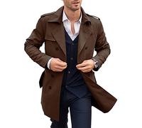 PASLTER Mens Trench Coat Notched Lapel Double Breasted Long Jacket Windbreaker Overcoat Pea Coat, Brown, L