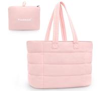 PASMAN Puffer Bag for Women,Quilted Travel Puffy Tote Bag Fit for Laptop,Nylon Work Bag for Nurse College,Teacher, Pink, 15.6"