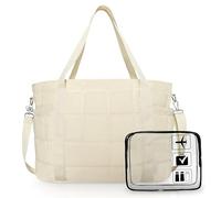 PASMAN Tote Bag for Women, Puffy Bag with Zipper, Quilted Shoulder Bag with Compartments for Travel and Gym, Beige, 19 x 8.66 x 14 inches, Puffer