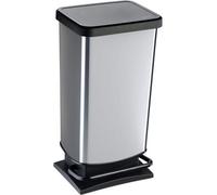 Paso Trash Can 40L with Lid and Pedal, Rotho Plastic Waste Bin, Silver Metallic