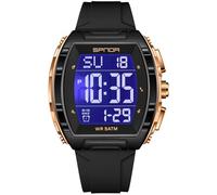 PASOY Luxury Men’s Digital Watch Tonneau Shape Dual Time 5ATM Waterproof Countdown Alarm LED Backlight Military Tactical Style Outdoor Sports Watches Wristwatch Gift-Ready Design Black and Gold, Black