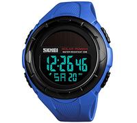 PASOY Men Digital Solar Watch Big Dial Light Waterproof Blue Rubber Band Alarm Outdoor Multifunction Watch (Blue)