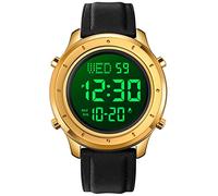 PASOY Mens Big Dial Digital Leather Watch Simple Large Display Countdown Alarm Stopwatch LED Backlight Business Multifunction Watches, Gold&Black Dial, casual
