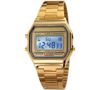 PASOY Men's Digital Gold Stainless Steel Watch Backlit Multifunction Stopwatch Waterproof Sport Watches