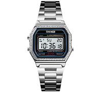 PASOY Men's Digital Gold Stainless Steel Watch Backlit Multifunction Stopwatch Waterproof Sport Watches, Silver with crystal bezel, M, Digital