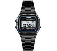 PASOY Men's Digital Gold Stainless Steel Watch Backlit Multifunction Stopwatch Waterproof Sport Watches (Black with Crystal Bezel)