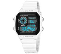 PASOY Men's Digital Multi-Function Watches Dual Time Alarm Stopwatch Countdown Backlight Waterproof Watch, White A, Sports