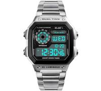 PASOY Men's Digital Multi-Function Watches Dual Time Alarm Stopwatch Countdown Backlight Waterproof Watch, Silver, M, fashion