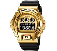PASOY Men's Digital Multi-Function Watches Dual Time Alarm Stopwatch Countdown Backlight Waterproof Watch, Gold/Rubber Band, Medium, fashion