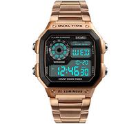 PASOY Men's Digital Multi-Function Watches Dual Time Alarm Stopwatch Countdown Backlight Waterproof Watch (Rose Gold)