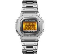 PASOY Men's Digital Multi-Function Watches Stainless Steel Square Case Dual Time Alarm Stopwatch Countdown Backlight Waterproof Watch, Silver, M, Digital