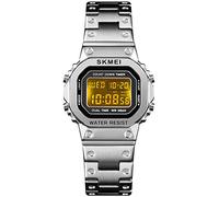 PASOY Men's Digital Multi-Function Watches Stainless Steel Square Case Dual Time Alarm Stopwatch Countdown Backlight Waterproof Watch, Silver for Women, M, Digital