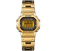 PASOY Men's Digital Multi-Function Watches Stainless Steel Square Case Dual Time Alarm Stopwatch Countdown Backlight Waterproof Watch, Gold for Women, M,