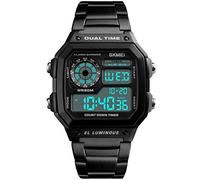 PASOY Men's Digital Watches Multi Function 2 Time Alarm Stopwatch Countdown Backlight Black Stainless Steel Waterproof Watch