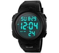 PASOY Mens Women Digital Watch Big Dial Light LED Swim Waterproof Rubber Band Alarm Black LED Watches 50MM, black, Sport