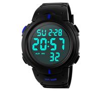 PASOY Mens Women Digital Watch Big Dial Light LED Swim Waterproof Rubber Band Alarm Black LED Watches 50MM, Blue, sport