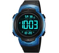 PASOY Mens Women Digital Watch Big Dial Light LED Swim Waterproof Rubber Band Alarm Black LED Watches 50MM, Black-Blue, Sport