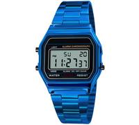 PASOY Unisex Men's Digital Watch Blue Stainless Steel LED Backlit Electronic Multifunction Date Alarm Stopwatch Square Woman Waterproof Sport Watches (Blue)