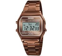 PASOY Unisex Men's Digital Watch Brown Gold Stainless Steel LED Backlit Electronic Multifunction Date Alarm Stopwatch Square Woman Waterproof Sport Watches (Brown)