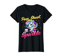 Pass Shoot Sparkle Soccer Player Unicorn Women Girls T-Shirt