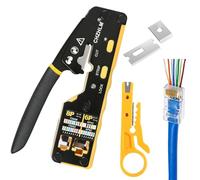 Pass Through Crimper RJ45 Crimp Tool Kit RJ45 Crimping Tool Stripper Cutter Crimper All-in-One for 8P RJ45 Cat5 Cat5e Cat6 Cat6a 6P RJ11/12 Telephone Connectors with Mini Yellow Stripper