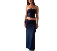Passec Vintage Lace Maxi Skirt Set Women 2 Piece Outfit Strapless Split Tube Top and Maxi Skirt Set Going Out, Tube-black, S