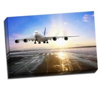 Passenger Airplane Landing On Runway In Airport Evening Canvas Art Print Poster 30"X 20" Inches