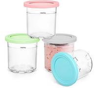 PassFeel 4 Pack Ice Cream Pints Cups, 16oz, Compatible with Ninja Creami Ice Cream Maker NC299AMZ & NC300 Series, BPA-Free & Dishwasher Safe, with Colorful Lids (Grey/Green/Pink/Aqua)
