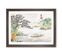 Passing Boat By Shen Hengji Asian Japanese Framed Wall Art Print, Ready to Hang Picture for Living Room Bedroom Home Office Décor, Walnut A2 (64 x 46 cm)