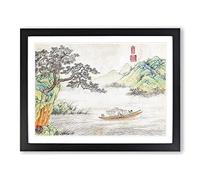 Passing Boat By Shen Hengji Asian Japanese Framed Wall Art Print, Ready to Hang Picture for Living Room Bedroom Home Office Décor, Black A4 (34 x 25 cm)