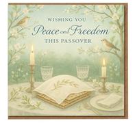 Passover Card - Wishing You Peace and Freedom - Elegant Seder Table with Matzah, Candles and Spring Blossoms - Jewish Holiday Greeting