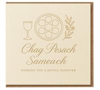 Passover Greeting Card - Chag Pesach Sameach - Wishing You a Joyful Passover - Seder Plate, Wine Cup and Floral Illustration