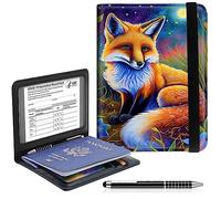 Passport and Vaccine Card Holder,RFID Blocking Personalized Passport Holder PU Leather Passport Cover Wallet Vaccine Card Slot Organizer for Women Men Travel (W/Pen)-A fox in the Moon Night, A fox in