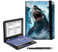 Passport and Vaccine Card Holder,RFID Blocking Personalized Passport Holder PU Leather Passport Cover Wallet Vaccine Card Slot Organizer for Women Men Travel (W/Pen)-Shark Surfing Cool Animal, Shark