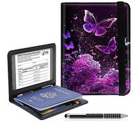 Passport and Vaccine Card Holder,RFID Blocking Personalized Passport Holder PU Leather Passport Cover Wallet Vaccine Card Slot Organizer for Women Men Travel (W/Pen), Purple Butterflies Flower,