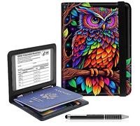 Passport and Vaccine Card Holder,RFID Blocking Personalized Passport Holder PU Leather Passport Cover Wallet Vaccine Card Slot Organizer for Women Men Travel (W/Pen), Colorful owl Sitting on a Tree