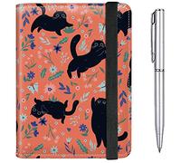 Passport Case and CDC Vaccine Card Holder Combo Plus a Pen, Black Cats Flower, Modern
