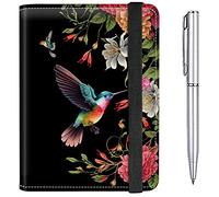 Passport Case and CDC Vaccine Card Holder Combo Plus a Pen, Hummingbird Flowers, Modern