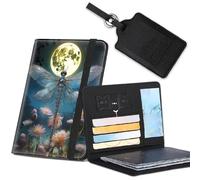 Passport Cover for Women & Men with RFID Blocking, Waterproof Passport Wallet and Luggage Tag Set，PU Leather Travel Documents Organizer, Passport Holder with Card Slot，Dragonfly Art, SOTW-Passport