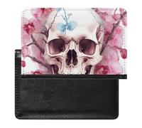 Passport Cover Leather Passport Protector Human Skull Pink Flowers Travel Document Holder Cover Travel Essentials for Women Men, Human Skull Pink Flowers, One Size